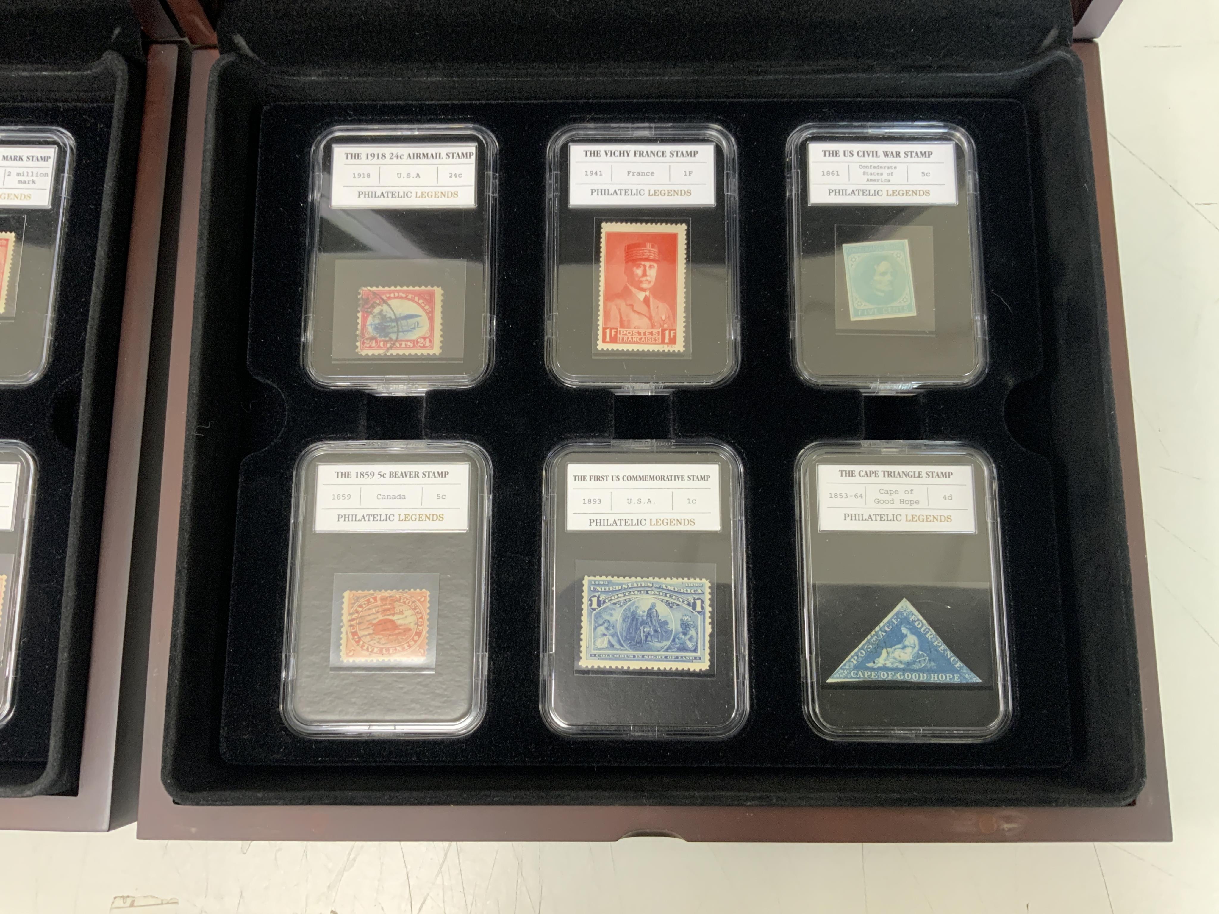 A collection of world stamps including two case selections of stamps in individual perspective cases from the Philatelic Legends ‘Historic Stamps’ collection, including Vichy France, US Civil War, the Cape triangle stamp